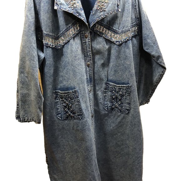 Ladies 1980's Denim Trench Coat with Embroidery and Studding Size Medium - Picture 5 of 8